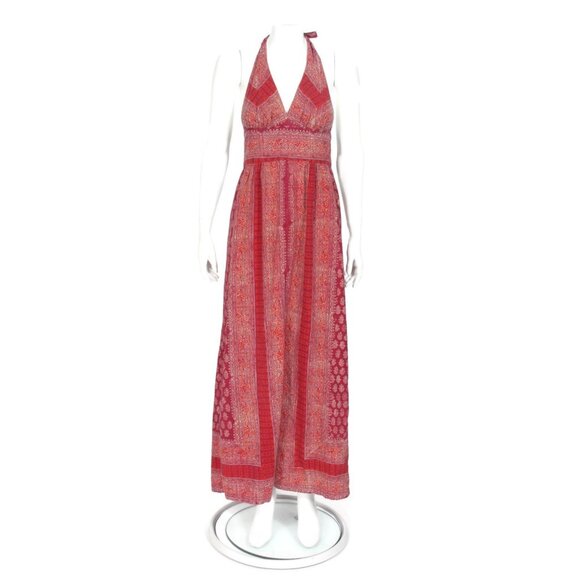 Vintage 70s Hippie Hand Block Red Halter Maxi Dress Back Slit sz M /037 - Picture 1 of 7